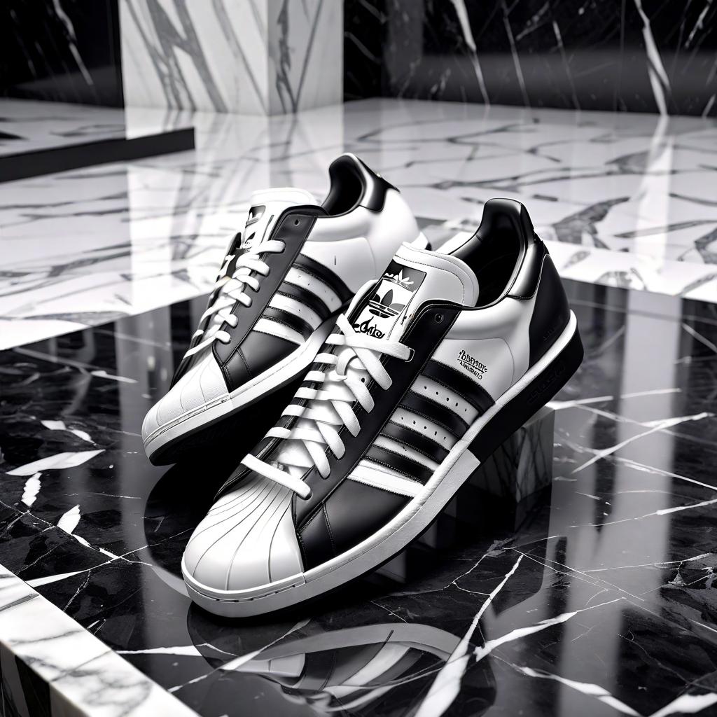  (best quality, masterpiece), (((high detail))), Adidas black and white shoes in a rare background and they stand on cool black and white marble