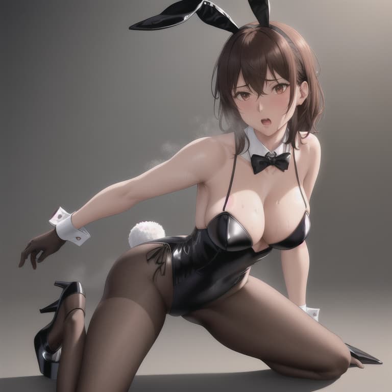  , 1boy 1lady having , , straddling, leaning forward, bent over, , facing viewer, BREAK, bunny , black leotard, black , fake rabbit ears, red bowtie, white wrist cuffs, clavicle, age, medium hair, brown hair, bare shoulder, bare arms, high heels, s, BREAK, from behind, facing viewer, leaning back, focus, ed silly, in heat, sweat, steam, drooling, open mouth, motion lines, BREAK, detailed bar, drink, faint light, deep shadow, BREAK, masterpiece, best quality, high quality, absurdres, ultra detailed, beautiful detailed face, all intricate, high resolution, HDR, extremely detailed CG unity 8k wallpaper, nice hands, perfect hands hyperrealistic, full body, detailed clothing, highly detailed, cinematic lighting, stunningly beautiful, intricate, sharp focus, f/1. 8, 85mm, (centered image composition), (professionally color graded), ((bright soft diffused light)), volumetric fog, trending on instagram, trending on tumblr, HDR 4K, 8K