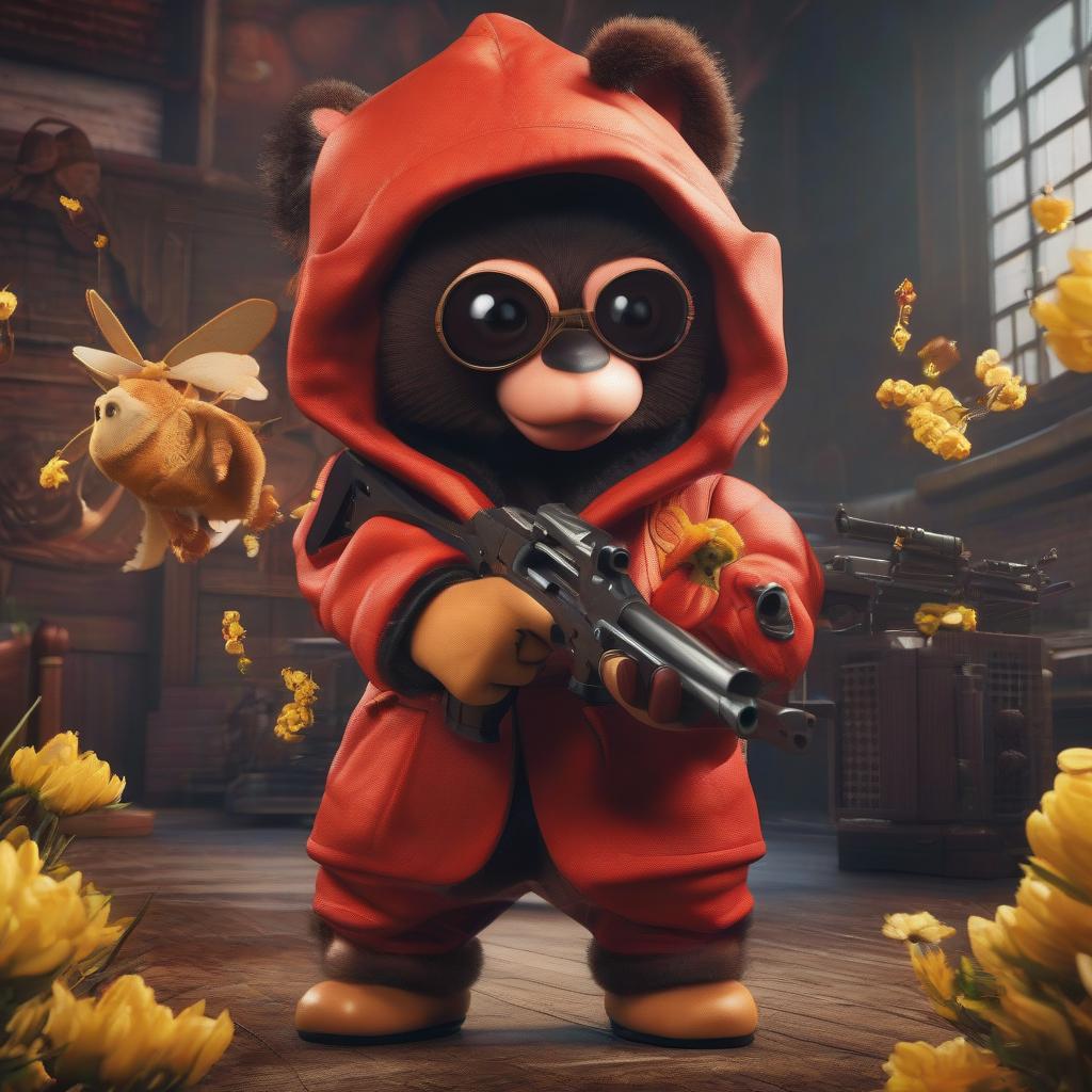  Street Fighter style Cheburashka in a coat shoots at German bees with a machine gun. . vibrant, dynamic, arcade, 2D fighting game, highly detailed, reminiscent of Street Fighter series hyperrealistic, full body, detailed clothing, highly detailed, cinematic lighting, stunningly beautiful, intricate, sharp focus, f/1. 8, 85mm, (centered image composition), (professionally color graded), ((bright soft diffused light)), volumetric fog, trending on instagram, trending on tumblr, HDR 4K, 8K