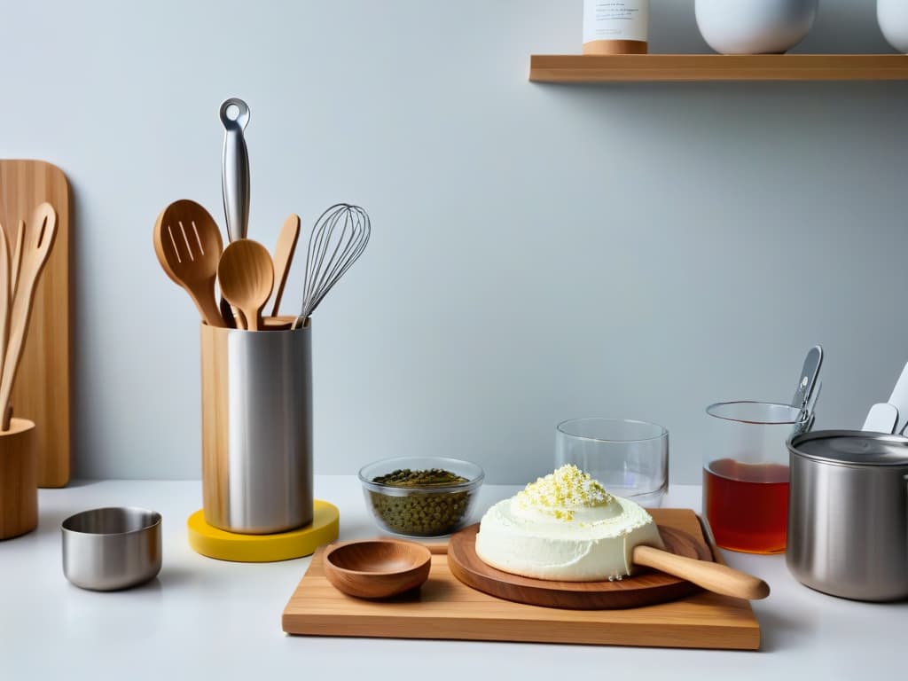  An 8k ultradetailed image of a sleek, modern kitchen countertop adorned with an array of ecofriendly vegan baking utensils. The minimalist aesthetic showcases bamboo mixing spoons, stainless steel measuring cups, silicone spatulas, and wooden rolling pins neatly arranged in a harmonious display. The soft natural lighting highlights the sustainable materials and earthy tones, evoking a sense of ecoconsciousness and professional elegance. hyperrealistic, full body, detailed clothing, highly detailed, cinematic lighting, stunningly beautiful, intricate, sharp focus, f/1. 8, 85mm, (centered image composition), (professionally color graded), ((bright soft diffused light)), volumetric fog, trending on instagram, trending on tumblr, HDR 4K, 8K