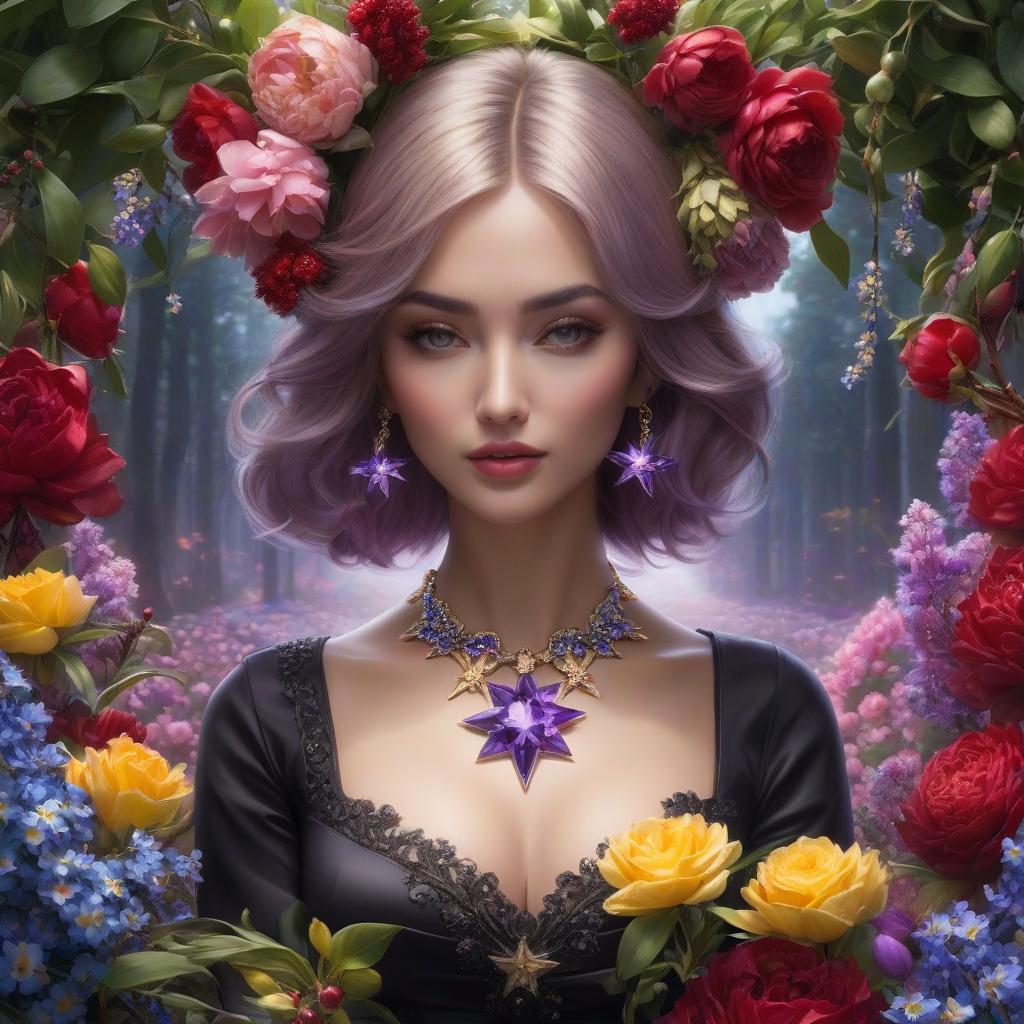  Amethyst in the shape of a star, necklace around the neck of a girl. ((Sparkling rim)): spring field, hyacinths, roses, rosehips, rose hips, peonies, cherry tree, yellow, red, black flowers, forget me nots. hyperrealistic, full body, detailed clothing, highly detailed, cinematic lighting, stunningly beautiful, intricate, sharp focus, f/1. 8, 85mm, (centered image composition), (professionally color graded), ((bright soft diffused light)), volumetric fog, trending on instagram, trending on tumblr, HDR 4K, 8K