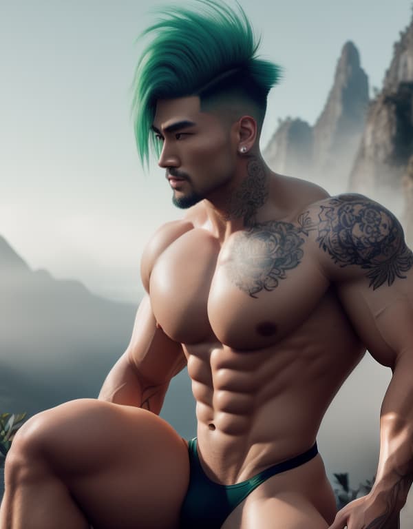  muscle, tattooed Chinese beautiful boy with white lace and green hair, lifting his in hill， whole dorsal body，chest hair hyperrealistic, full body, detailed clothing, highly detailed, cinematic lighting, stunningly beautiful, intricate, sharp focus, f/1. 8, 85mm, (centered image composition), (professionally color graded), ((bright soft diffused light)), volumetric fog, trending on instagram, trending on tumblr, HDR 4K, 8K
