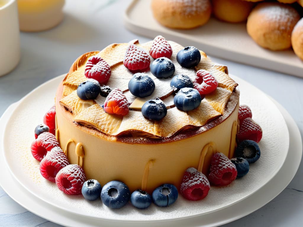  A closeup highresolution image of a beautifully arranged assortment of glutenfree pastries and baked goods on a sleek, modern, white plate. The pastries are intricately decorated with fresh fruits like raspberries and blueberries, drizzled with honey, and dusted with powdered sugar, showcasing a variety of textures and colors that are visually appealing and appetizing. The background is softly blurred to keep the focus on the delicious glutenfree treats, highlighting the elegance and simplicity of the minimalistic style. hyperrealistic, full body, detailed clothing, highly detailed, cinematic lighting, stunningly beautiful, intricate, sharp focus, f/1. 8, 85mm, (centered image composition), (professionally color graded), ((bright soft diffused light)), volumetric fog, trending on instagram, trending on tumblr, HDR 4K, 8K