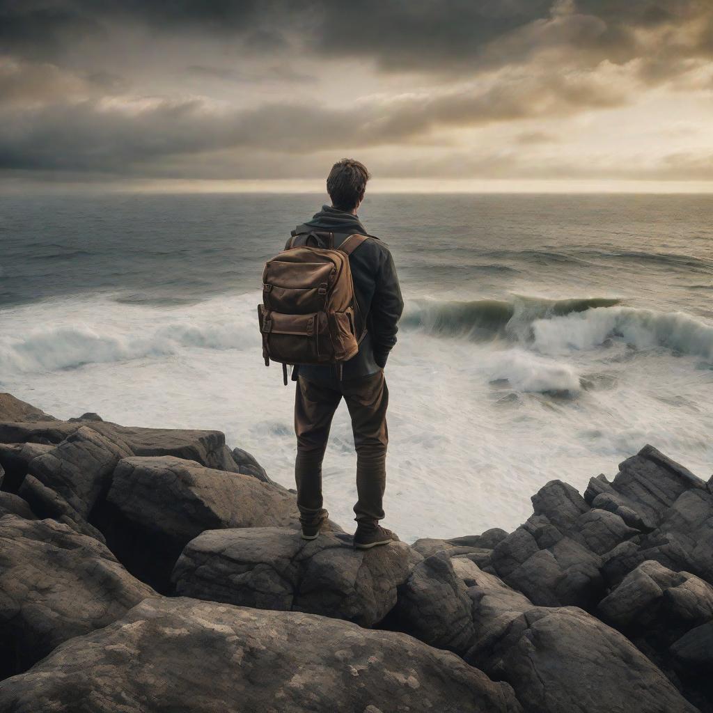  masterpiece, best quality, A lone figure stands on a rocky cliff, overlooking a vast, swirling sea. The figure is dressed in tattered, weathered clothing, with a backpack slung over their shoulder. The environment is rugged and desolate, with jagged rocks and crashing waves. The atmosphere is melancholic and mysterious, with a sense of longing and adventure. The style is a realistic photograph, capturing the raw beauty of the scene. The lighting is soft and diffused, casting a warm glow on the figure and the surroundings. The realization is a high-resolution image, taken with a professional DSLR camera, using a wide-angle lens to capture the expansive view.