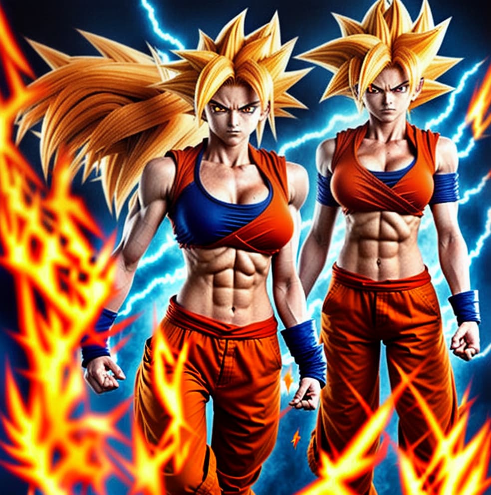  Female super sayan, red goku kostüm. Cute body. Sayan hair, fire eyes, fire hands, high resolution