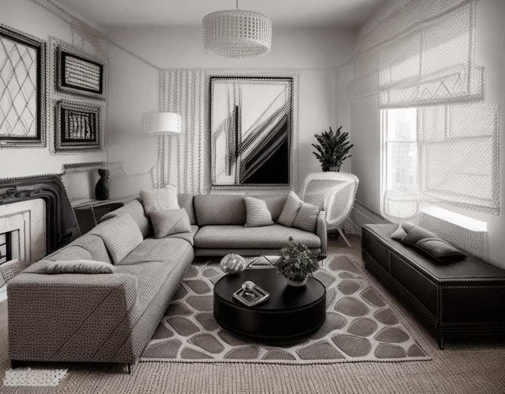 modern artistic living room interior, high contrast, sculptural furniture, abstract wall art, deep shadows and light layering, minimalist layout, creative lighting, photorealistic, large windows