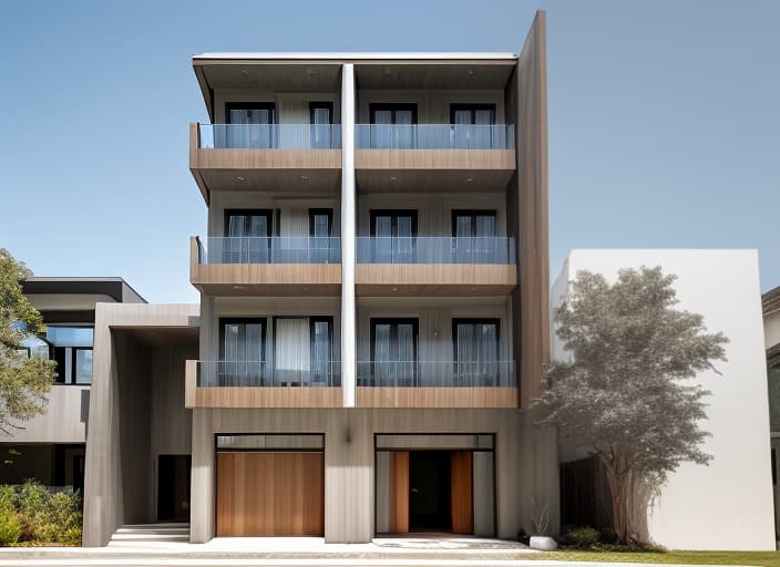  Street view of the house, modern architectural style, brown wood paneled balcony ceiling, aluminum doors, white and dark gray tones, rendered with beautiful bright blue daylight