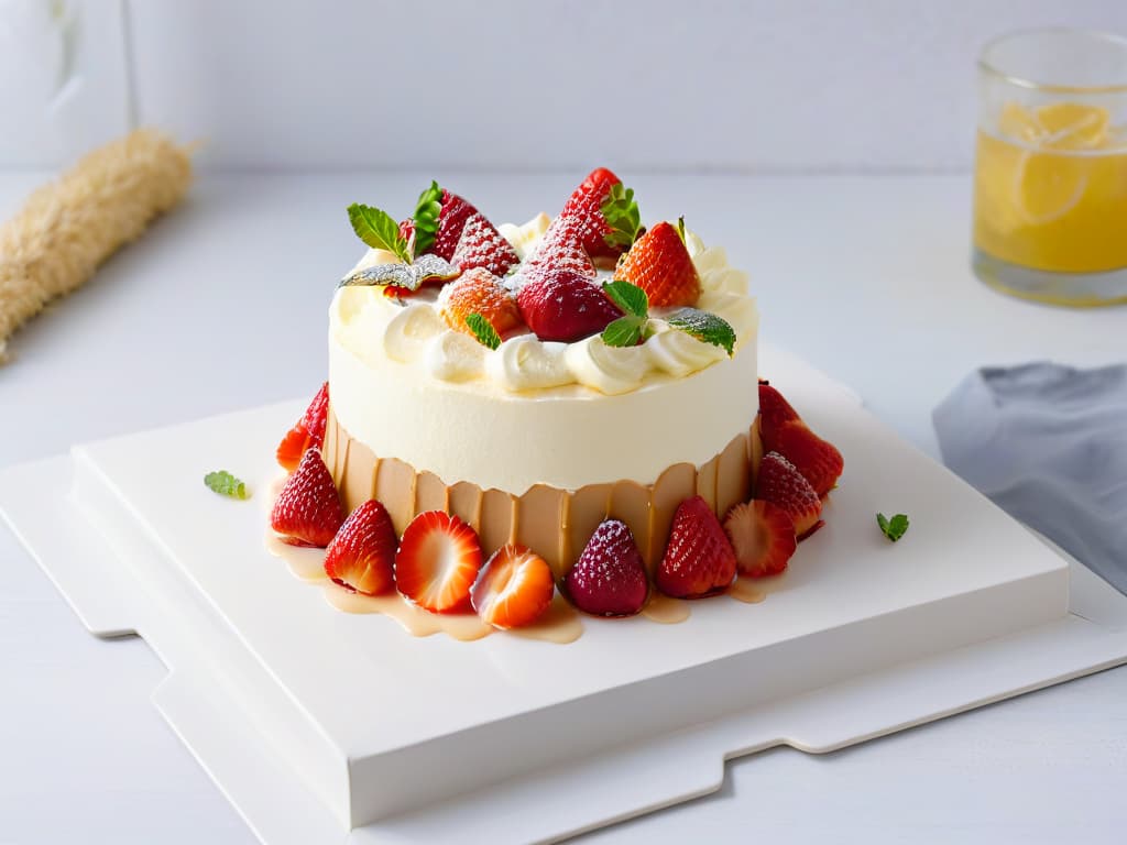  A closeup, highresolution image of a beautifully crafted tres leches cake, elegantly garnished with fresh strawberries and mint leaves on a sleek, modern white plate. The cake is perfectly moist, with a subtle drizzle of caramel cascading down its sides, creating a visually stunning and appetizing centerpiece. The minimalist presentation highlights the exquisite details and textures of the dessert, embodying the fusion of traditional Latin American flavors with a contemporary aesthetic. hyperrealistic, full body, detailed clothing, highly detailed, cinematic lighting, stunningly beautiful, intricate, sharp focus, f/1. 8, 85mm, (centered image composition), (professionally color graded), ((bright soft diffused light)), volumetric fog, trending on instagram, trending on tumblr, HDR 4K, 8K