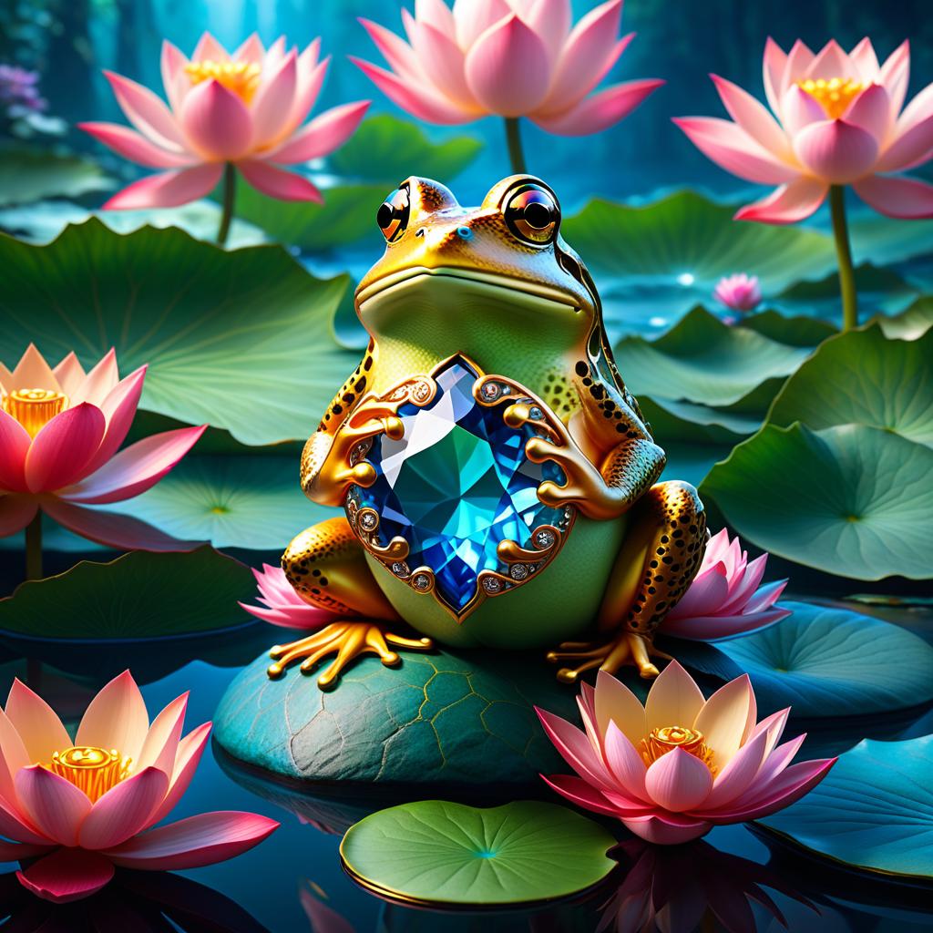  ethereal fantasy concept art of (Background): a lake with blooming lotuses of different shades: from white pink to bright crimson and leaves of tender green colour. The sky above the lake of dark blue colour with golden stars scattered on it. (Fantasy Princess Frog): in the centre of the lake on the biggest lotus flower sits a charming frog in a golden crown decorated with blue and blue precious stones. In his paws he holds a ring decorated with blue stones. Style: fantasy, Russian fairy tales, illustrations. . magnificent, celestial, ethereal, painterly, epic, majestic, magical, fantasy art, cover art, dreamy hyperrealistic, full body, detailed clothing, highly detailed, cinematic lighting, stunningly beautiful, intricate, sharp focus, f/1. 8, 85mm, (centered image composition), (professionally color graded), ((bright soft diffused light)), volumetric fog, trending on instagram, trending on tumblr, HDR 4K, 8K