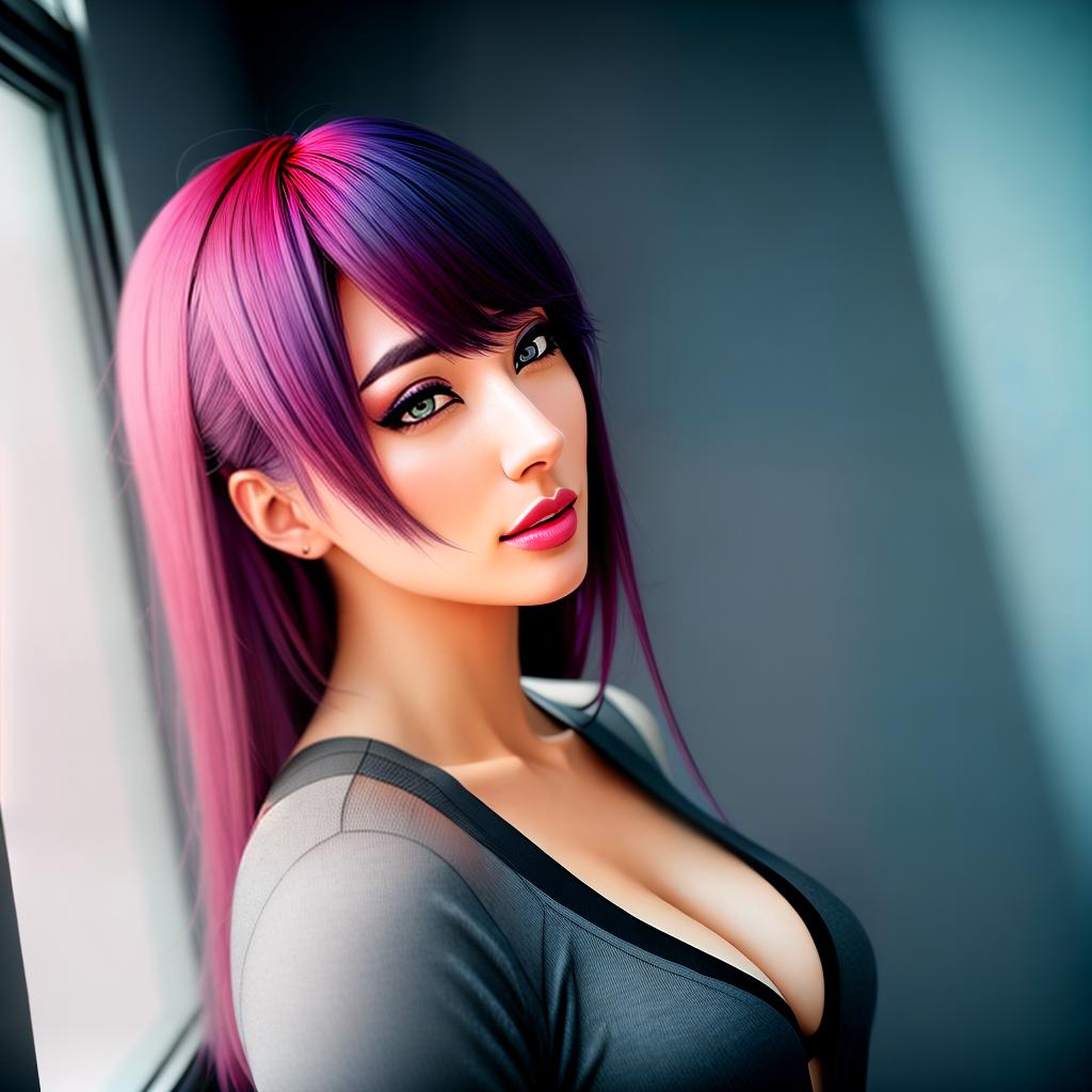  anime girl with porno hair and gray clothes looks thoughtfully at the light from the window, RTX, full hd, detailed hyperrealistic, full body, detailed clothing, highly detailed, cinematic lighting, stunningly beautiful, intricate, sharp focus, f/1. 8, 85mm, (centered image composition), (professionally color graded), ((bright soft diffused light)), volumetric fog, trending on instagram, trending on tumblr, HDR 4K, 8K