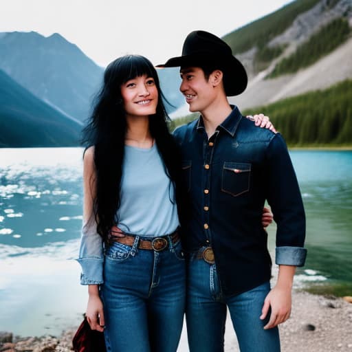  oriental girl with a black long hair wearing the dark blue flare jeans, classic cowboy jeans, make love and flirting whith a two man near a mountain lake. one girl, two man, girl make chose