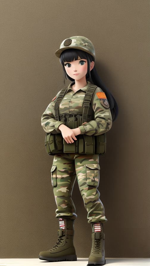  Full-body three-headed U.S. soldier fully equipped, camouflage clothing, combat helicopter, girl, cute.