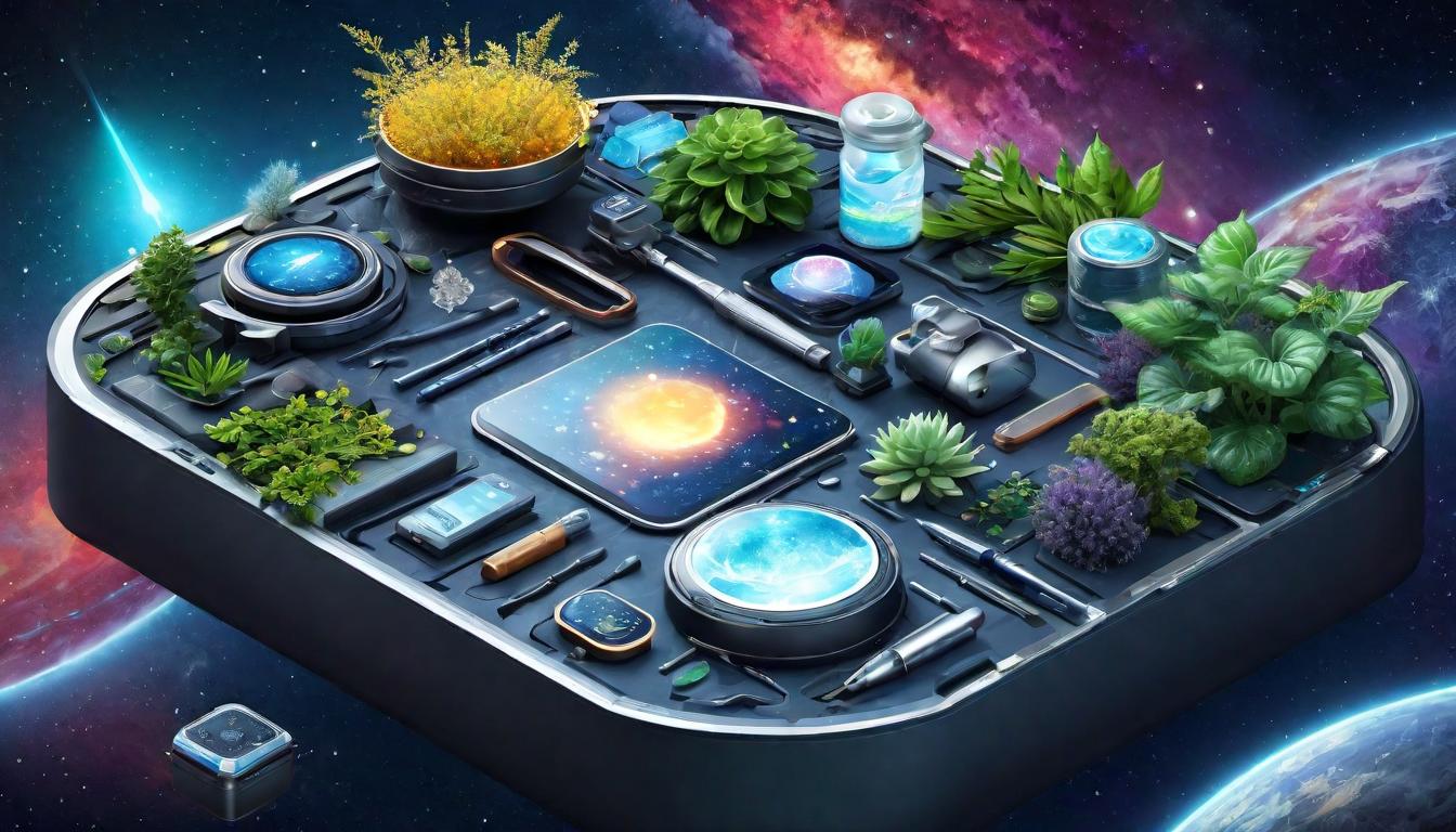  digital illustration A toolkit floating amidst a cosmic backdrop, containing both herbal remedies and high tech gadgets, diversity of healing tools, items detailed with a blend of natural textures and sleek modern designs, vast universe, endless possibilities, comprehensive care looking at viewer, dynamic pose, (intricate details, masterpiece, best quality)