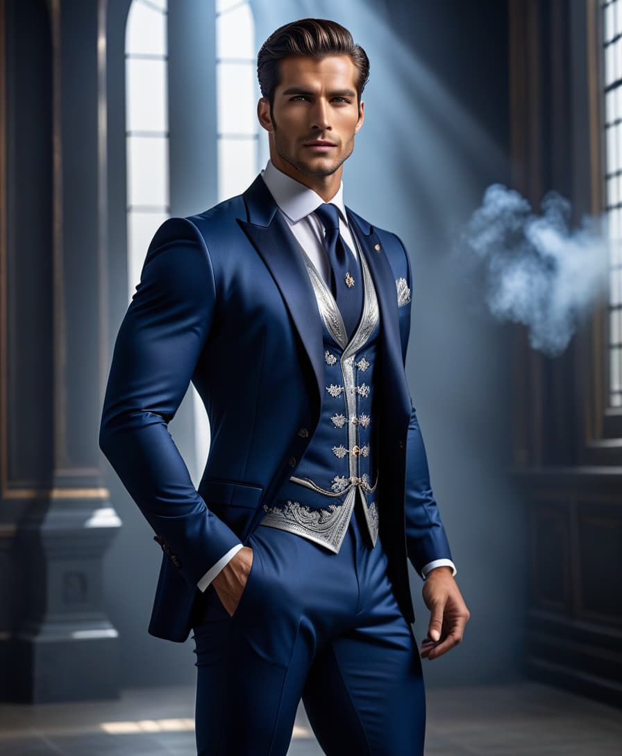  Tall young man, dark blue and silver business royal costume, standing sideways, beautiful body, light skin, Unbuttoned suit hyperrealistic, full body, detailed clothing, highly detailed, cinematic lighting, stunningly beautiful, intricate, sharp focus, f/1. 8, 85mm, (centered image composition), (professionally color graded), ((bright soft diffused light)), volumetric fog, trending on instagram, trending on tumblr, HDR 4K, 8K