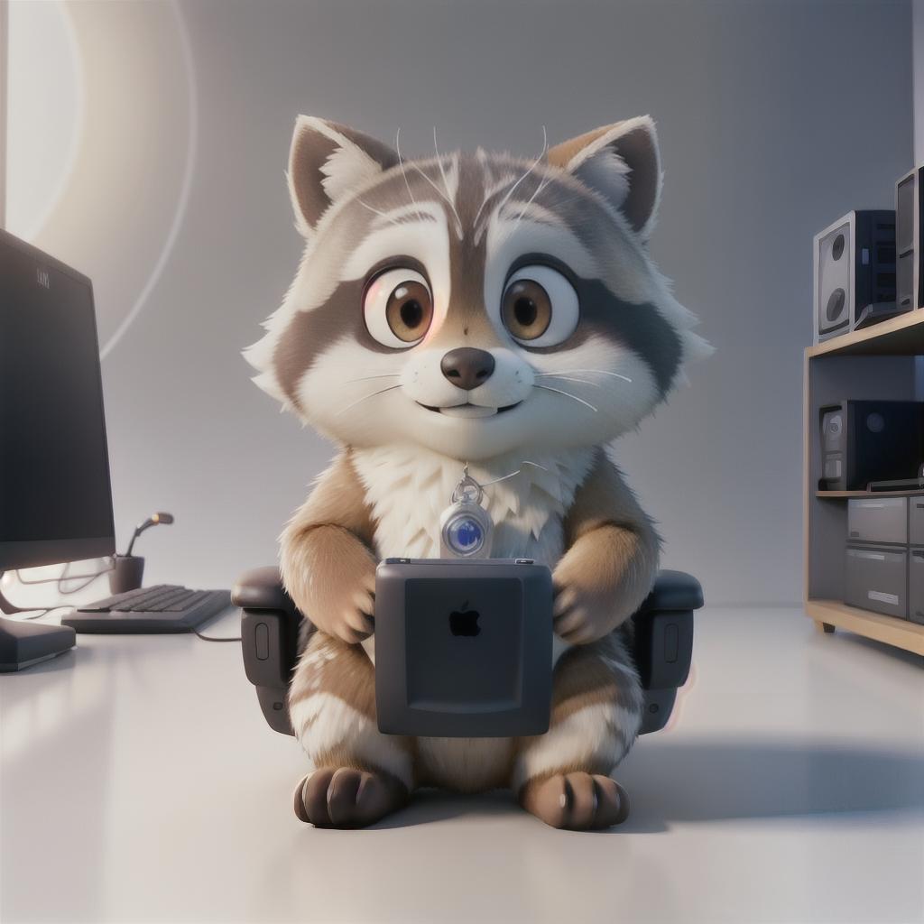  raccoon sitting in gaming chair front a computer on desktop, ((semi anthropomorphic)),(full body), tail, belly, sitting, fat, (chubby), (((white background))), solo, desktop, gaming chair, side view,  [[[clothes]]] hyperrealistic, full body, detailed clothing, highly detailed, cinematic lighting, stunningly beautiful, intricate, sharp focus, f/1. 8, 85mm, (centered image composition), (professionally color graded), ((bright soft diffused light)), volumetric fog, trending on instagram, trending on tumblr, HDR 4K, 8K