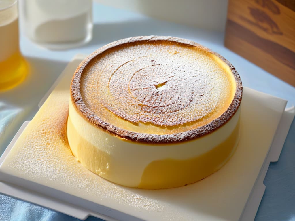  A closeup, highresolution image of a perfectly baked Japanese cheesecake, with a goldenbrown top dusted lightly with powdered sugar, sitting on a sleek, white ceramic plate. The focus is on the cake's smooth surface, capturing the subtle cracks and delicate texture of the dessert. The background is blurred to keep the minimalistic aesthetic, emphasizing the elegance and simplicity of the Japanese cheesecake. hyperrealistic, full body, detailed clothing, highly detailed, cinematic lighting, stunningly beautiful, intricate, sharp focus, f/1. 8, 85mm, (centered image composition), (professionally color graded), ((bright soft diffused light)), volumetric fog, trending on instagram, trending on tumblr, HDR 4K, 8K