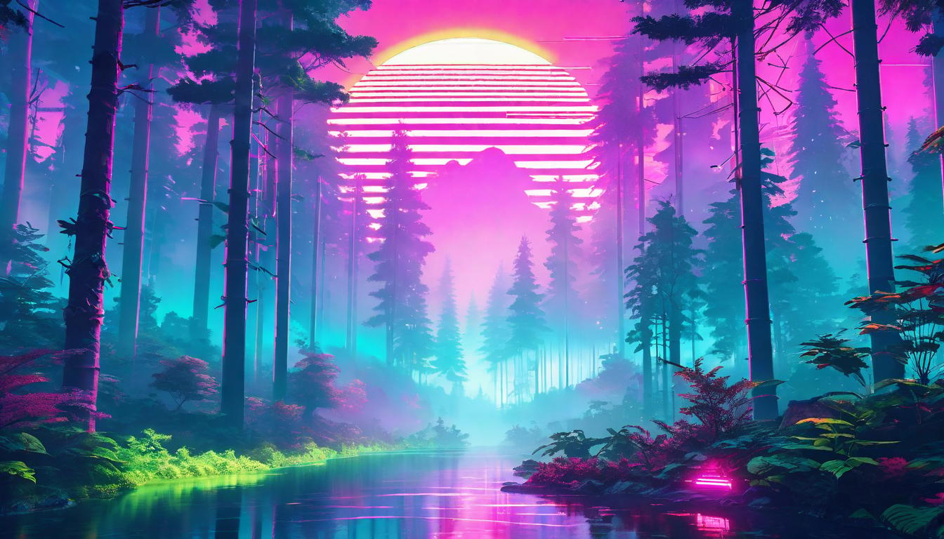  vaporwave,cyberpunk game style A tranquil forest at dawn, sunbeams piercing through mist, trees standing tall and undisturbed, serene, harmonious, enveloped in a peaceful ambianceeon, dystopian, futuristic, digital, vibrant, detailed, high contrast, reminiscent of cyberpunk genre video games,retro aesthetic, cyberpunk, vibrant, neon colors, vintage 80s and 90s style, highly detailed