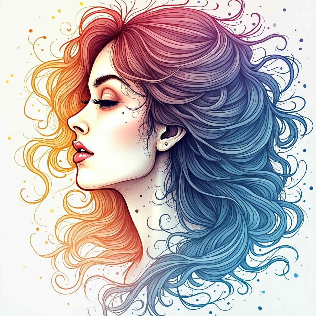  good quality, high quality, imagine a breathtaking artistic line drawing of a beautiful woman, her long, flowing hair illuminated by a radiant spectrum of colorful light. her hair, a graceful blend of delicate curls and loose waves, seems to move with a life of its own, gently swirling around her as if guided by a mysterious, invisible force. the strands cascade in an elegant, fluid motion, each one catching and reflecting the surrounding hues, creating a mesmerizing aura. her head is slightly tilted to the side, her expression soft and serene, as if she's lost in a moment of deep reflection or entranced by the beauty of the swirling colors around her. surrounding her is an intricate dance of swirling lines, delicately crafted to intertwin