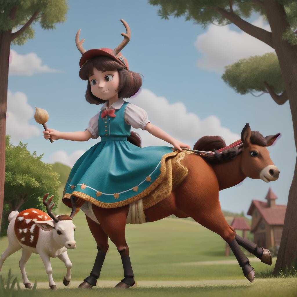  masterpiece, best quality, a girl with  a really short skrit holding it down she has ox horns and deer tail and rideing a horse