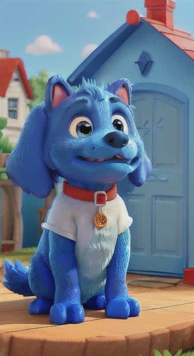  {Max the big blue dog standing in front of a cozy little house with a red door, The big blue dog is large with sky blue fur, big round eyes, a black nose, and floppy ears.