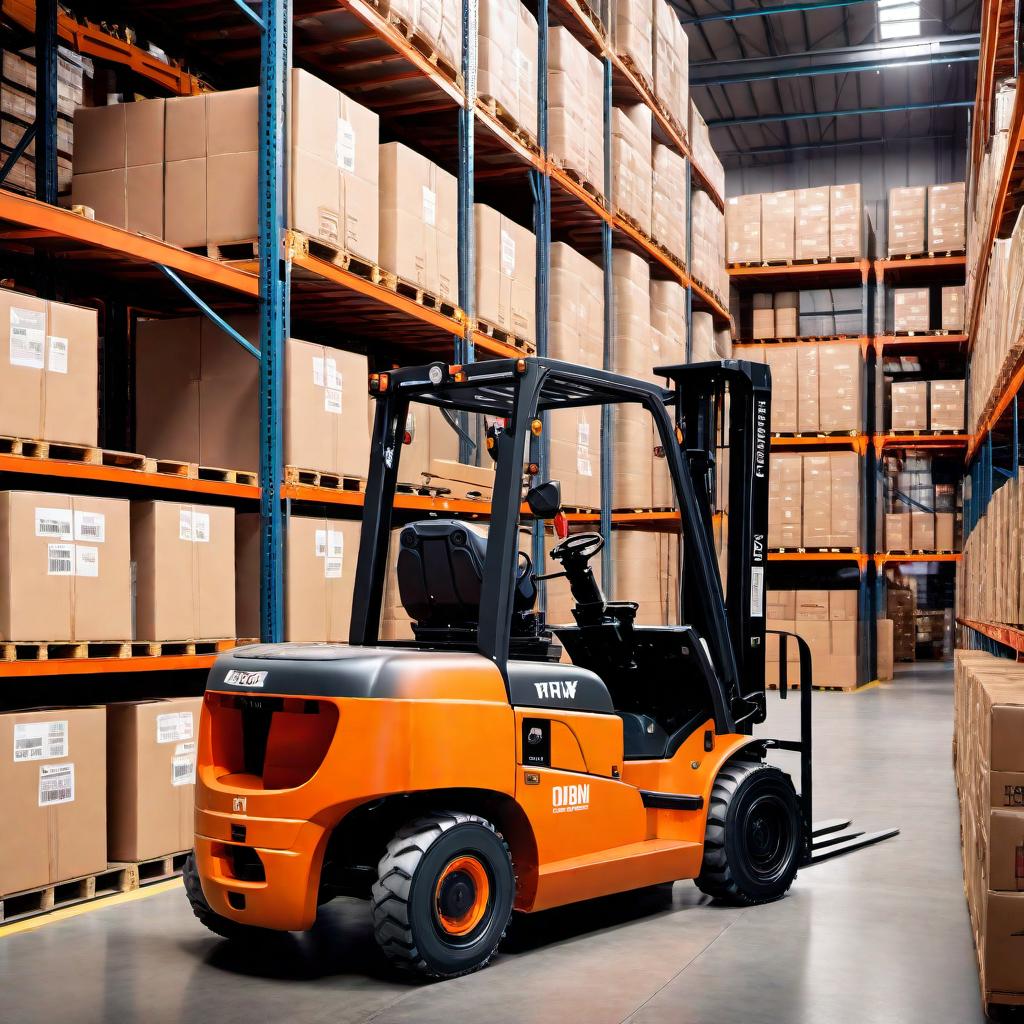  A detailed illustration of a forklift in a warehouse setting, lifting a pallet of goods against a backdrop of storage shelves and boxes. The forklift should be brightly colored and the warehouse should convey a busy but organized atmosphere. hyperrealistic, full body, detailed clothing, highly detailed, cinematic lighting, stunningly beautiful, intricate, sharp focus, f/1. 8, 85mm, (centered image composition), (professionally color graded), ((bright soft diffused light)), volumetric fog, trending on instagram, trending on tumblr, HDR 4K, 8K