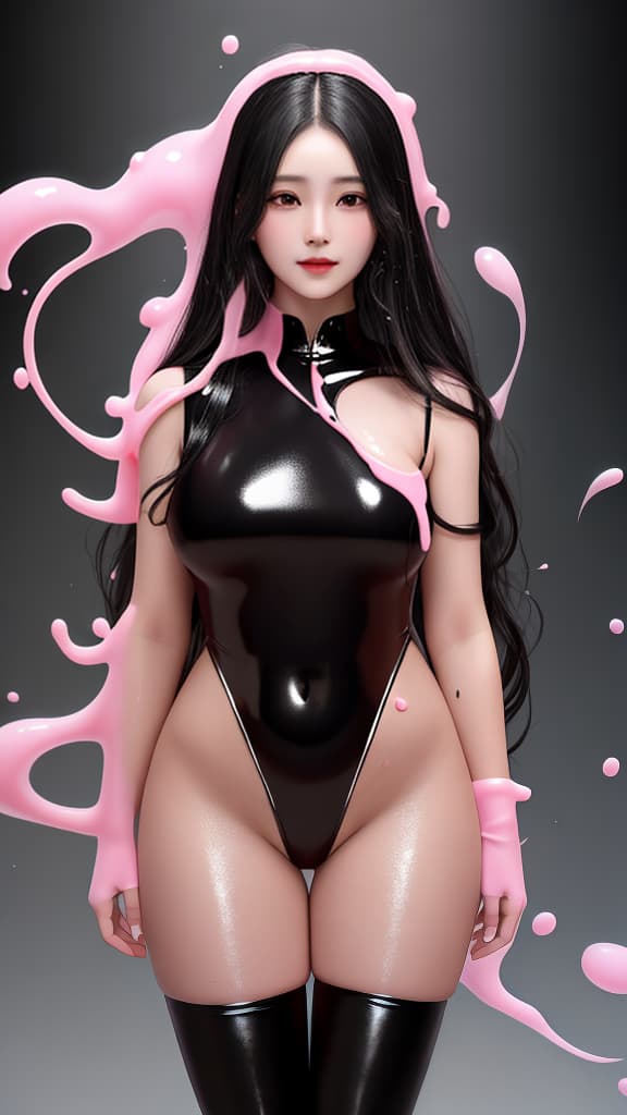  masterpiece, best quality, Beautiful with long black hair, covered in skin tight layer of pink slime flowing up her body, head, face, shoulders, and not covered by slime, full body picture, , realistic