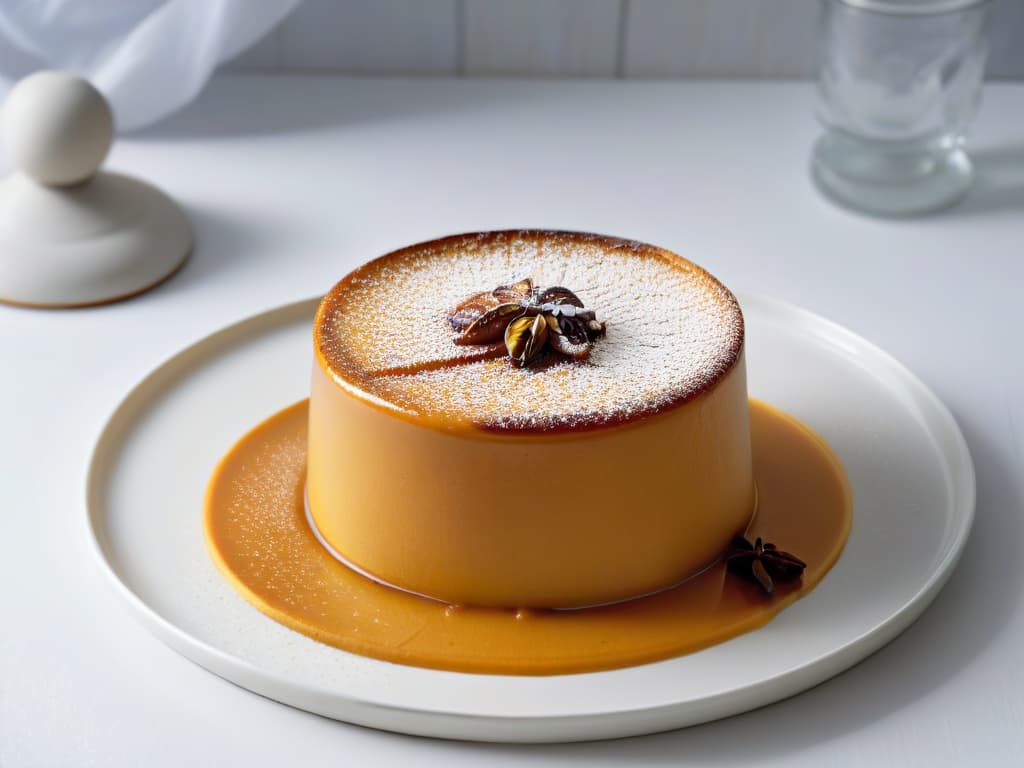  A closeup, ultradetailed image of a perfectly caramelized slice of creamy pumpkin flan, topped with a delicate sprinkle of cinnamon, presented on a sleek, modern ceramic plate. The glossy caramel glaze glistens under a soft, ambient light, highlighting the velvety texture of the dessert. The rich orange hue of the pumpkin custard contrasts beautifully with the deep amber of the caramel, creating a visually stunning and enticing minimalist composition that exudes elegance and culinary sophistication. hyperrealistic, full body, detailed clothing, highly detailed, cinematic lighting, stunningly beautiful, intricate, sharp focus, f/1. 8, 85mm, (centered image composition), (professionally color graded), ((bright soft diffused light)), volumetric fog, trending on instagram, trending on tumblr, HDR 4K, 8K