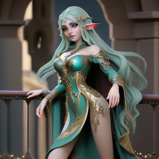  fantasy elven beautifull and opulent dress over balcony with her tight up watching out of castle on her kingdom