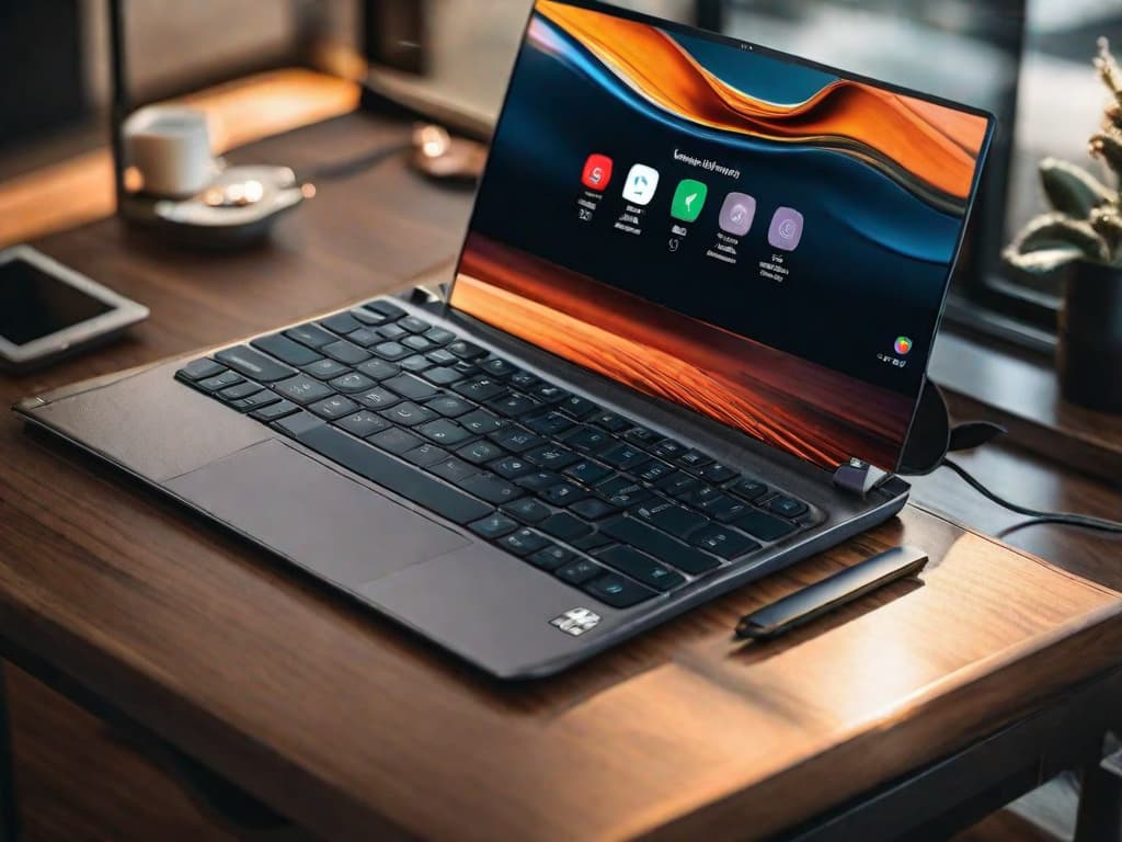  A close-up photo of a sleek and modern Chromebook keyboard, with soft backlighting highlighting the keys. The focus is on the "Kompanio 838" chipset logo, showcasing its power efficiency and advanced AI capabilities. The image exudes productivity and cutting-edge technology. digital art, ilustration, no flares, clean hyperrealistic, full body, detailed clothing, highly detailed, cinematic lighting, stunningly beautiful, intricate, sharp focus, f/1. 8, 85mm, (centered image composition), (professionally color graded), ((bright soft diffused light)), volumetric fog, trending on instagram, trending on tumblr, HDR 4K, 8K