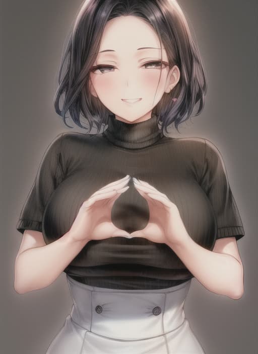  illustration of a woman, masterpiece, short black hair, grey eyes, (((winking))), (((hands cupped together to fork a circle))), (large breasts), professional attire, ((black turtleneck sweater)), high waist skirt, looking at viewer, calm expression, gentle smile, perfect eyes, nice hands, simple background, fine detail, perfect eyes, large forehead, expressive eyes, shiny lens, HD