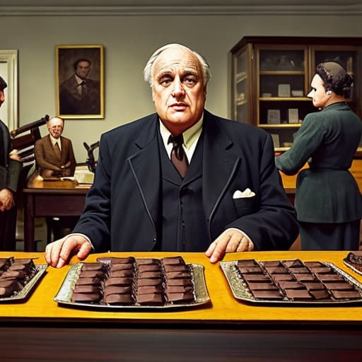  Elderly Marlon Brando, Don Vito dressed in a 1940’s dress suit inside a dark office of his mansion. Foreground plates of fine dark chocolates on a table. Background dark office with men holding guns Painting style of Edgar Degas