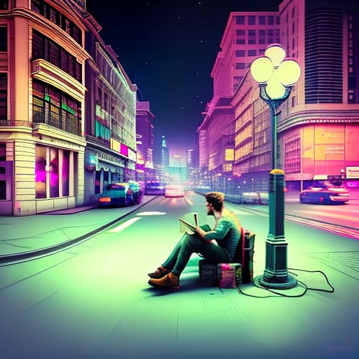 nvinkpunk a man reading a book and sitting under the big lamppost with cigarette at night front view hyperrealistic, full body, detailed clothing, highly detailed, cinematic lighting, stunningly beautiful, intricate, sharp focus, f/1. 8, 85mm, (centered image composition), (professionally color graded), ((bright soft diffused light)), volumetric fog, trending on instagram, trending on tumblr, HDR 4K, 8K