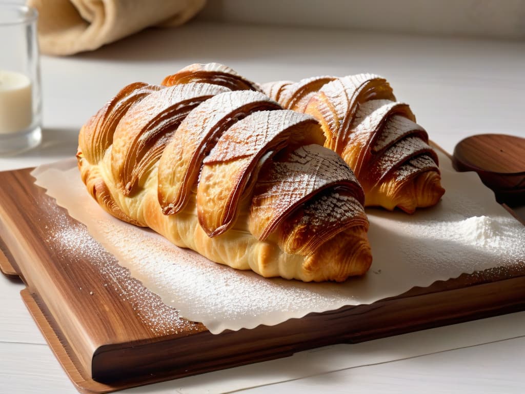  An ultradetailed closeup image of perfectly goldenbrown, flaky layers of a freshly baked croissant, with a light dusting of powdered sugar on top, resting on a rustic wooden table. The layers are so intricately detailed that you can almost feel the buttery texture just by looking at the image. The lighting is soft, casting gentle shadows that enhance the threedimensional aspect of the pastry, making it appear almost lifelike. hyperrealistic, full body, detailed clothing, highly detailed, cinematic lighting, stunningly beautiful, intricate, sharp focus, f/1. 8, 85mm, (centered image composition), (professionally color graded), ((bright soft diffused light)), volumetric fog, trending on instagram, trending on tumblr, HDR 4K, 8K