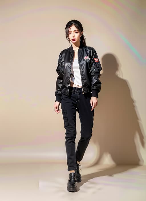  woman wear a black bomber jacket,ADVERTISING PHOTO,high quality,masterpiece