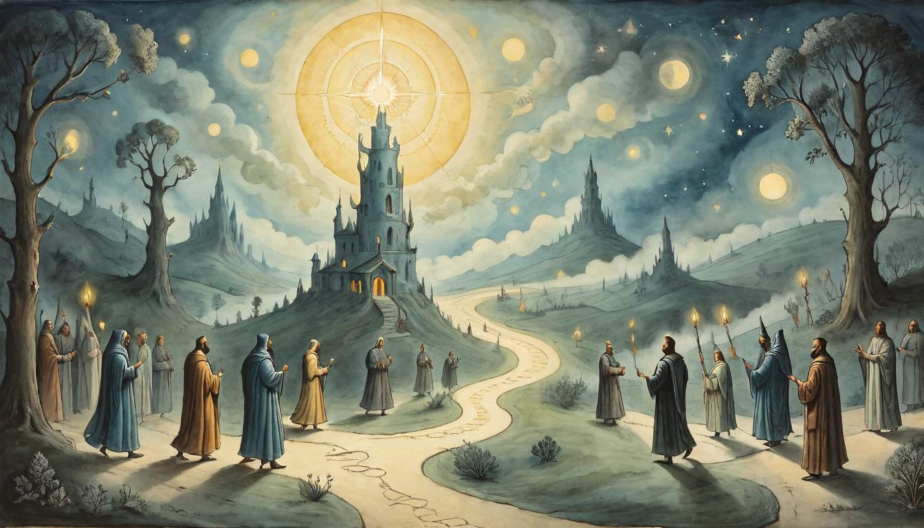  on parchment, surrealism+++, A glowing figure emanating light, leading a procession of shadowy forms up a winding path, the path glowing faintly underfoot, celestial bodies twinkling in the sky, symbolic of higher consciousness, guiding light, transcendence(mysterious, provocative, symbolic,muted color)+++