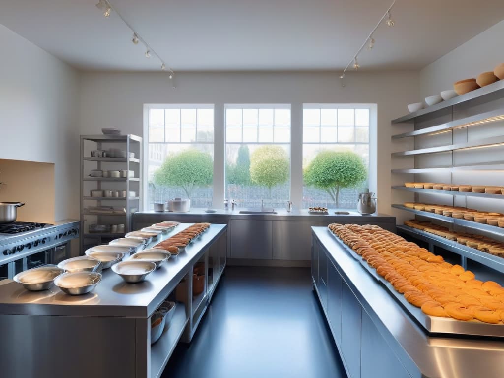  A minimalist yet striking image of a sleek, modern pastry kitchen with gleaming stainless steel countertops and shelves neatly lined with traditional baking tools like wooden rolling pins, vintage measuring cups, and delicate pastry brushes. The image captures the essence of blending tradition and innovation in the art of pastry making, with a soft natural light filtering through a nearby window, casting gentle shadows on the pristine surfaces. hyperrealistic, full body, detailed clothing, highly detailed, cinematic lighting, stunningly beautiful, intricate, sharp focus, f/1. 8, 85mm, (centered image composition), (professionally color graded), ((bright soft diffused light)), volumetric fog, trending on instagram, trending on tumblr, HDR 4K, 8K