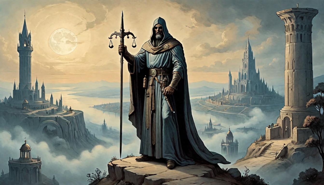  on parchment, surrealism+++, A towering statue of a robed figure, holding a scale balancer in one hand and a sword in the other, atop a hill overlooking a twilight city, pillar of righteousness, guardian(mysterious, provocative, symbolic,muted color)+++