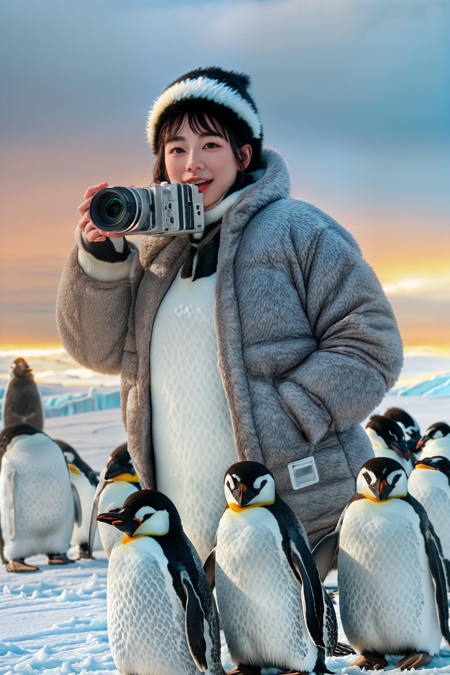  masterpiece,(bestquality),highlydetailed,(warm clothing:1.5),{clothing: down jacket: snow boots: fur trimmed hat:1.3},(holding a camera:1.5),(determined gaze:1.3),(rosy cheeks:1.5),(Antarctic landscape:1.5),{landscape: snow covered plains or mountains:1.3},(group of penguins:1.5),(glaciers and blizzard:1.3),(sunlight piercing the clouds:1.5),{symbol: optimism: resilience:1.2} hyperrealistic, full body, detailed clothing, highly detailed, cinematic lighting, stunningly beautiful, intricate, sharp focus, f/1. 8, 85mm, (centered image composition), (professionally color graded), ((bright soft diffused light)), volumetric fog, trending on instagram, trending on tumblr, HDR 4K, 8K