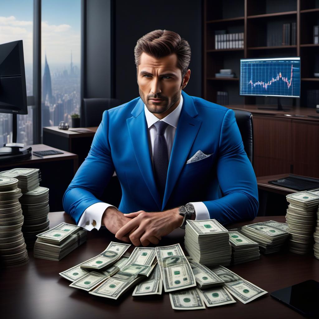  hyperrealistic art Please draw a solid man trader with a laptop in a blue suit. He is sitting in a luxurious office. Around are large monitors with charts. Next to him is a stack of money. . extremely high resolution details, photographic, realism pushed to extreme, fine texture, incredibly lifelike hyperrealistic, full body, detailed clothing, highly detailed, cinematic lighting, stunningly beautiful, intricate, sharp focus, f/1. 8, 85mm, (centered image composition), (professionally color graded), ((bright soft diffused light)), volumetric fog, trending on instagram, trending on tumblr, HDR 4K, 8K