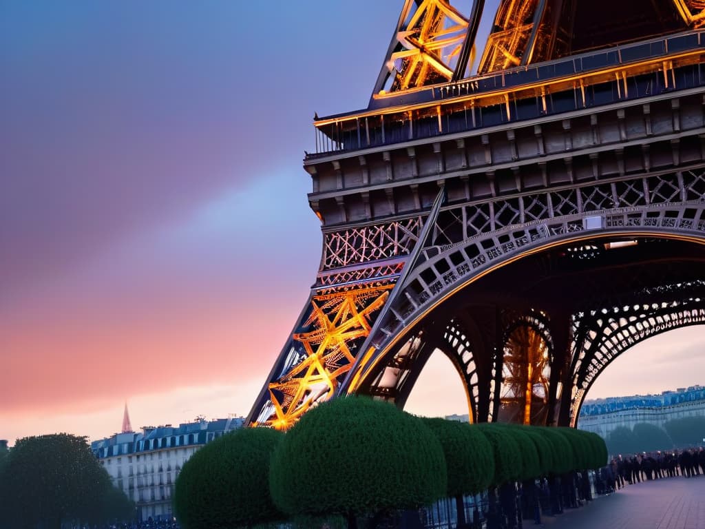  A highresolution, ultradetailed image of the iconic Eiffel Tower in Paris, France, captured during the golden hour. The tower stands tall against a pastel sky, with soft hues of pink, orange, and purple creating a dreamy, romantic atmosphere. The intricate iron lattice structure of the Eiffel Tower is highlighted, showcasing its architectural beauty and timeless elegance. The image exudes a sense of classic charm and sophistication, perfect for inspiring readers to explore the rich culinary traditions of Paris, known as the capital of classic pastry. hyperrealistic, full body, detailed clothing, highly detailed, cinematic lighting, stunningly beautiful, intricate, sharp focus, f/1. 8, 85mm, (centered image composition), (professionally color graded), ((bright soft diffused light)), volumetric fog, trending on instagram, trending on tumblr, HDR 4K, 8K