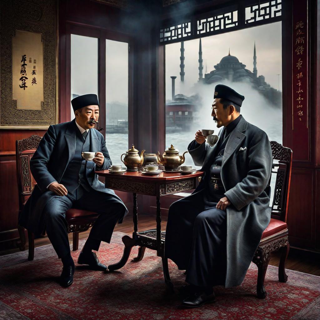  Turkish reformist Tevfik Fikret and Chinese writer Lu Xun are drinking tea in Istanbul hyperrealistic, full body, detailed clothing, highly detailed, cinematic lighting, stunningly beautiful, intricate, sharp focus, f/1. 8, 85mm, (centered image composition), (professionally color graded), ((bright soft diffused light)), volumetric fog, trending on instagram, trending on tumblr, HDR 4K, 8K