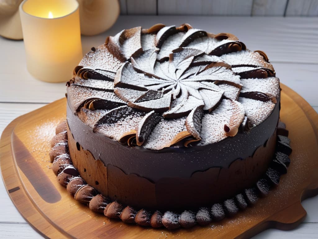  A closeup, ultradetailed image of a freshly baked almond flour chocolate cake, decorated with a light dusting of powdered sugar on top, placed on a rustic wooden table. The cake is moist and rich, with visible chunks of dark chocolate peeking out from the golden almond flour crust. The lighting is soft, highlighting the textures of the cake and creating a warm, inviting atmosphere. hyperrealistic, full body, detailed clothing, highly detailed, cinematic lighting, stunningly beautiful, intricate, sharp focus, f/1. 8, 85mm, (centered image composition), (professionally color graded), ((bright soft diffused light)), volumetric fog, trending on instagram, trending on tumblr, HDR 4K, 8K