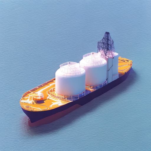 analog style Animation of an LNG-fueled ship sailing on calm waters surrounded by   Close-up of the LNG  tank sections  should be visible