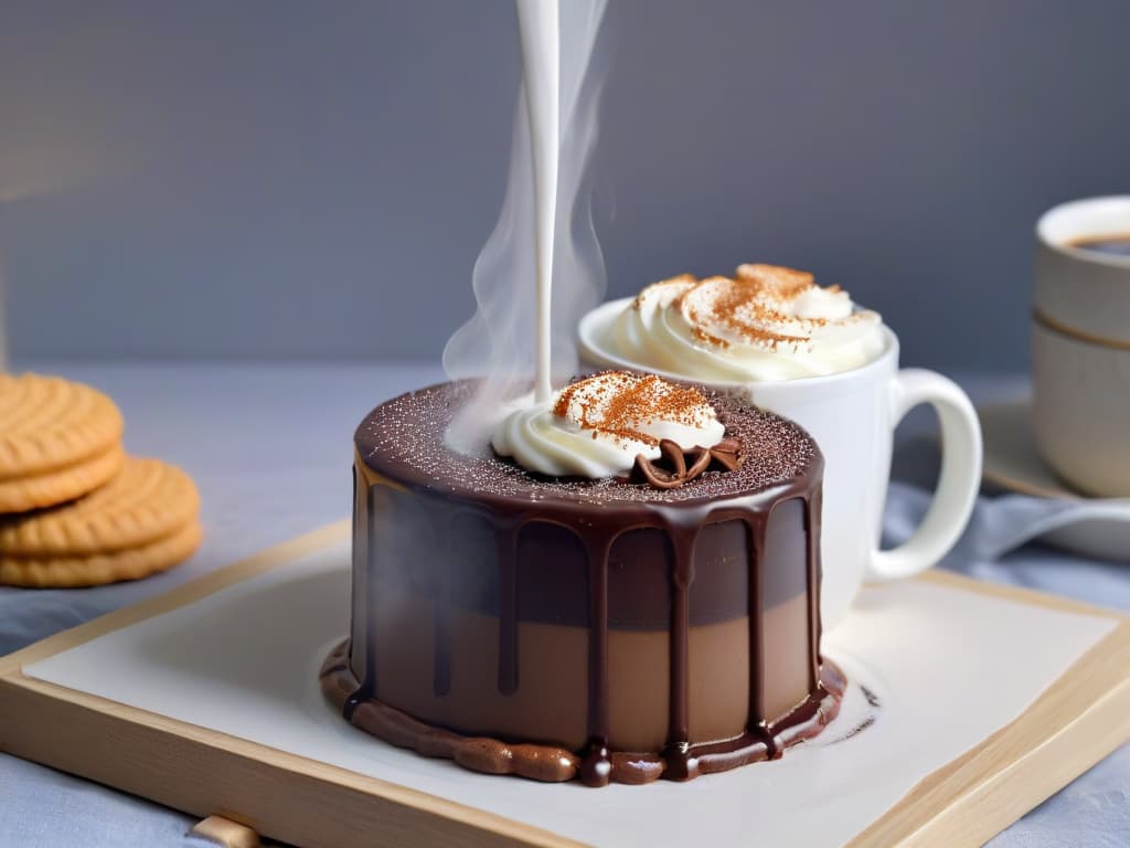  An ultradetailed closeup image of a perfectly timed Tim Tam Slam in action: a chocolatecoated biscuit being dipped into a cup of steaming hot coffee, with a trail of rich, creamy hot chocolate oozing out from the other end of the biscuit. The steam rising from the coffee and the intricate details of the melting chocolate create a visually captivating and mouthwatering moment captured in high resolution. hyperrealistic, full body, detailed clothing, highly detailed, cinematic lighting, stunningly beautiful, intricate, sharp focus, f/1. 8, 85mm, (centered image composition), (professionally color graded), ((bright soft diffused light)), volumetric fog, trending on instagram, trending on tumblr, HDR 4K, 8K