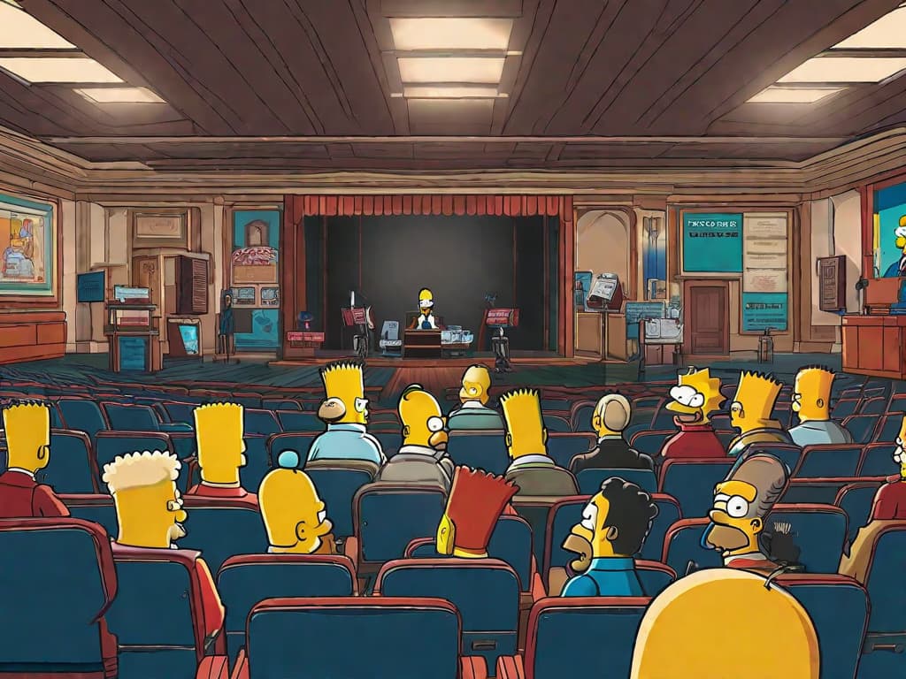  An image of a director's chair with "The Simpsons 2 - The Movie" embroidered on the back, placed in the middle of a bustling film set. The chair is surrounded by crew members and actors, all busy with various tasks, creating an atmosphere of excitement and anticipation for the upcoming movie.digital art, ilustration hyperrealistic, full body, detailed clothing, highly detailed, cinematic lighting, stunningly beautiful, intricate, sharp focus, f/1. 8, 85mm, (centered image composition), (professionally color graded), ((bright soft diffused light)), volumetric fog, trending on instagram, trending on tumblr, HDR 4K, 8K