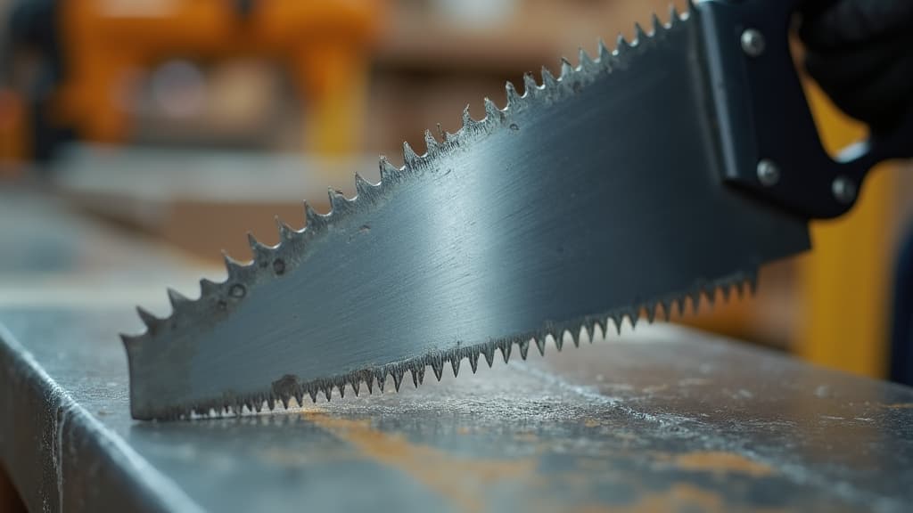  good quality, high quality, industrial handsaw close up in a warehouse, focusing on the bladeas teeth and reflective surface. no logos, no people present, sharp focal point on the cutting edge.