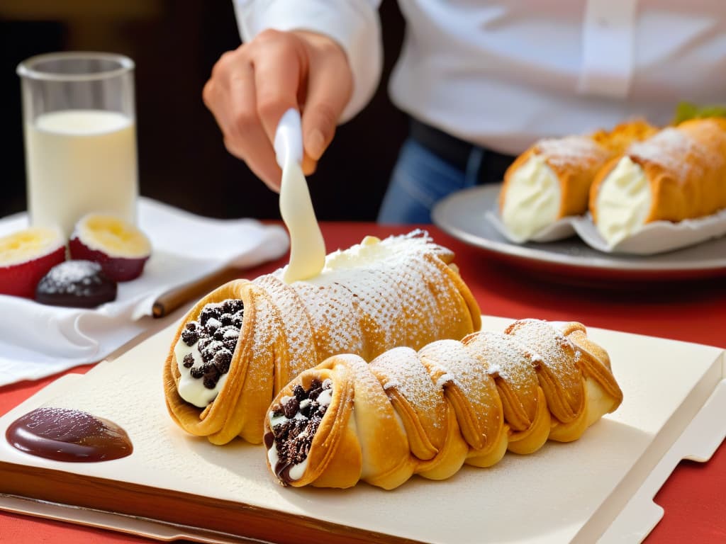  A closeup, ultradetailed image of a Sicilian pastry chef expertly piping creamy ricotta filling into a delicate, crispy cannoli shell. The chef's hands are skillfully maneuvering the piping bag, showcasing the intricate process of creating the beloved Sicilian dessert. The background features traditional Sicilian ceramic tiles in vibrant colors, adding an authentic touch to the scene. The focus is on the precision and artistry involved in crafting these iconic cannoli Siciliani, immersing the viewer in the rich culinary heritage of Sicily. hyperrealistic, full body, detailed clothing, highly detailed, cinematic lighting, stunningly beautiful, intricate, sharp focus, f/1. 8, 85mm, (centered image composition), (professionally color graded), ((bright soft diffused light)), volumetric fog, trending on instagram, trending on tumblr, HDR 4K, 8K