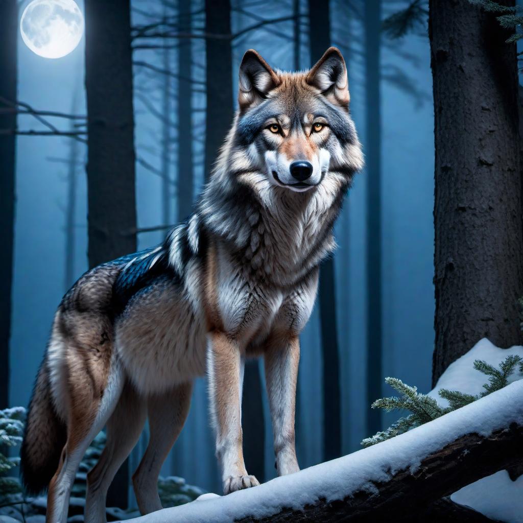  A detailed image of a wolf standing in the woods with moonlight in the background. The wolf should be in a realistic style, showcasing its fur and features. A blue logo that says 'Justin' should be across the bottom of the image, blending seamlessly with the scene. hyperrealistic, full body, detailed clothing, highly detailed, cinematic lighting, stunningly beautiful, intricate, sharp focus, f/1. 8, 85mm, (centered image composition), (professionally color graded), ((bright soft diffused light)), volumetric fog, trending on instagram, trending on tumblr, HDR 4K, 8K