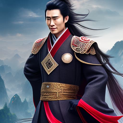 mdjrny-v4 style Breath taking handsome man, with beautiful features. Has an alluring dangerous silvery grey eyes, and long (till underneath his waist) wavy hair, as dark as night sky. Has no beard. He is from ancient china, wears black outer robes, red inner robes. Tall, around 185 cm. And he's a man in his early twenties with a cheerful smile, but has a hint of sly cold danger. (Hint, I'm describing Wei WuXian from MDZS) hyperrealistic, full body, detailed clothing, highly detailed, cinematic lighting, stunningly beautiful, intricate, sharp focus, f/1. 8, 85mm, (centered image composition), (professionally color graded), ((bright soft diffused light)), volumetric fog, trending on instagram, trending on tumblr, HDR 4K, 8K