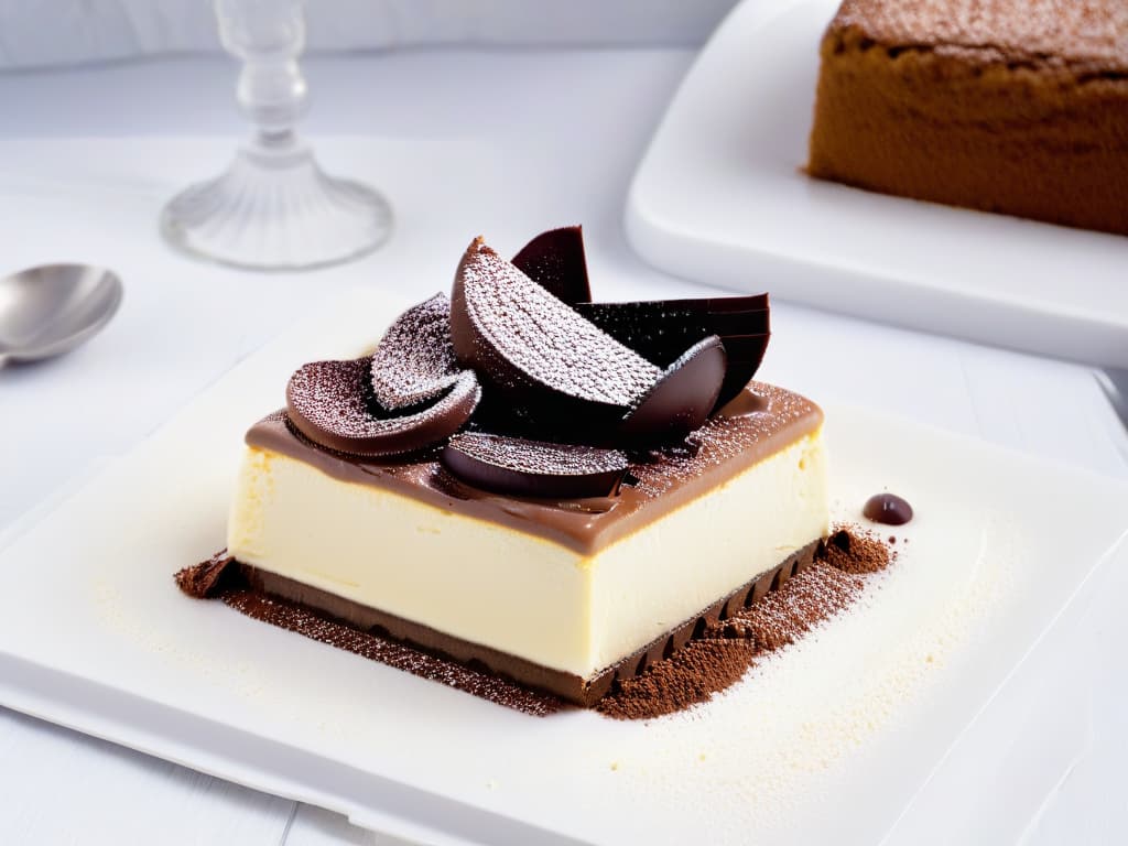  A closeup, ultradetailed image of a slice of tiramisú resting on a delicate, minimalist white plate. The tiramisú is elegantly layered with creamy mascarpone cheese, perfectly soaked ladyfingers, and a generous dusting of rich cocoa powder on top. The texture of the dessert is velvety smooth, with just a hint of the layers visible, showcasing the intricate beauty of this classic Italian dessert. The plate sits on a sleek, modern table, with subtle soft lighting that highlights the dessert's decadent layers and enticing presentation. hyperrealistic, full body, detailed clothing, highly detailed, cinematic lighting, stunningly beautiful, intricate, sharp focus, f/1. 8, 85mm, (centered image composition), (professionally color graded), ((bright soft diffused light)), volumetric fog, trending on instagram, trending on tumblr, HDR 4K, 8K